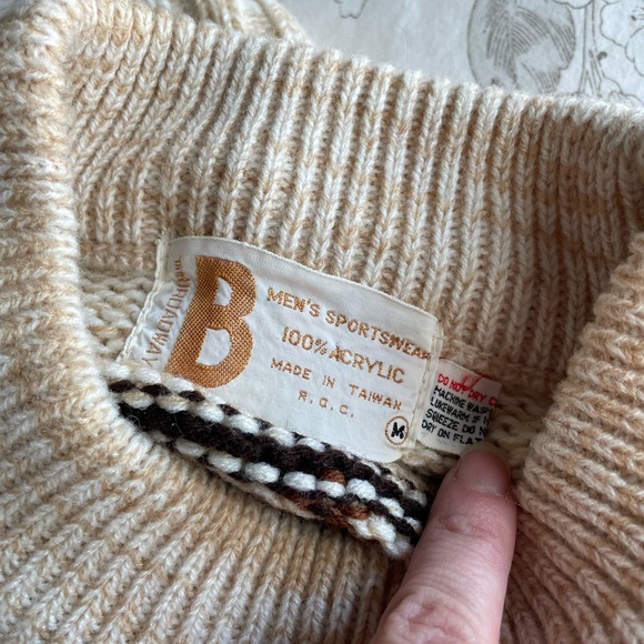 Vintage Mens Cream Red Fair Isle Grandpa Sweater Medium Acrylic 90s Old Money - Picture 5 of 7